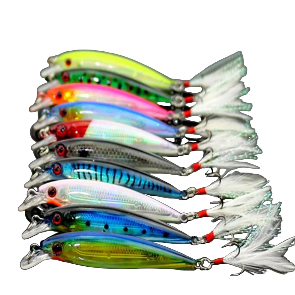 Assorted colorful fishing lures stacked on a dark background