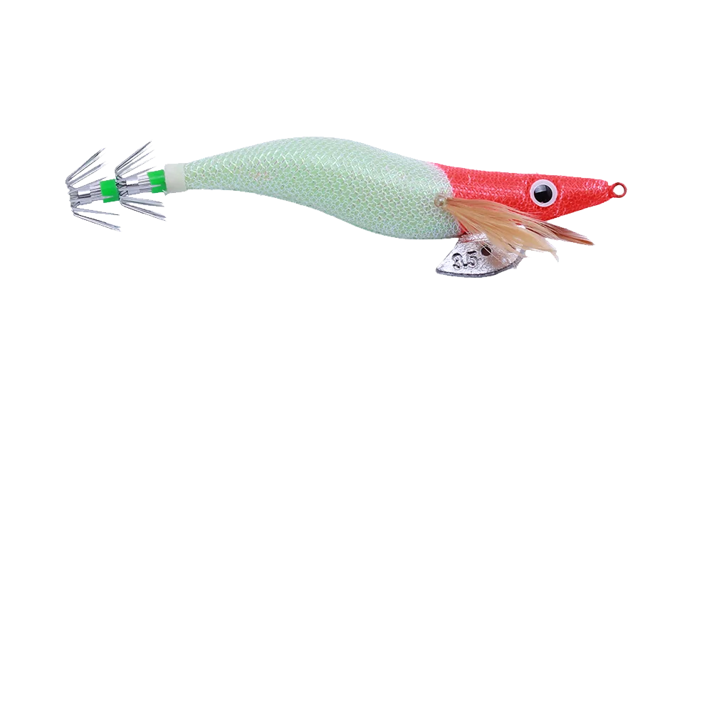 Fishing lure with green body, red head, and beige tail on a white background