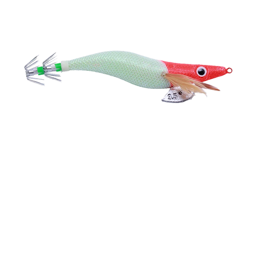 Fishing lure with green body, red head, and beige tail on a white background